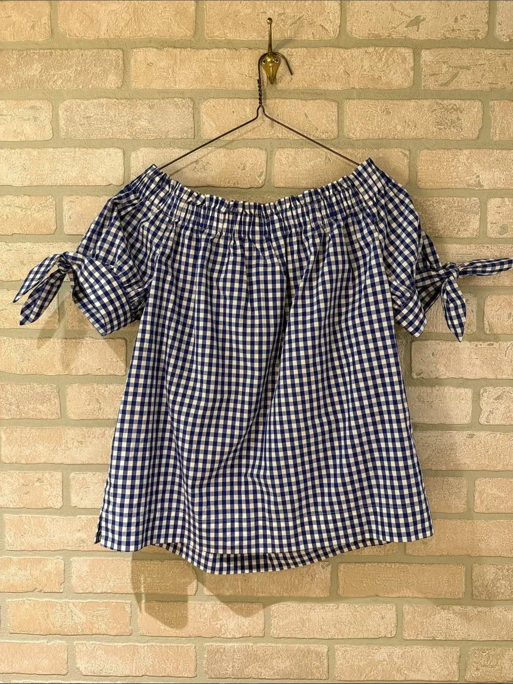 J. Crew Blue Gingham 100% Cotton Off-Shoulder Tie-Sleeve Crop Top